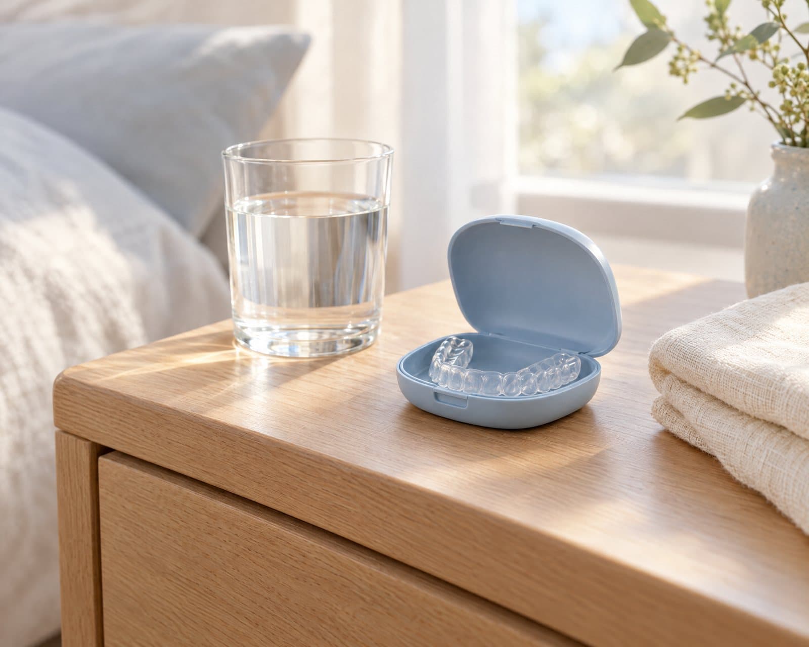 Illustrative still life of a clear night guard in an open case on a nightstand