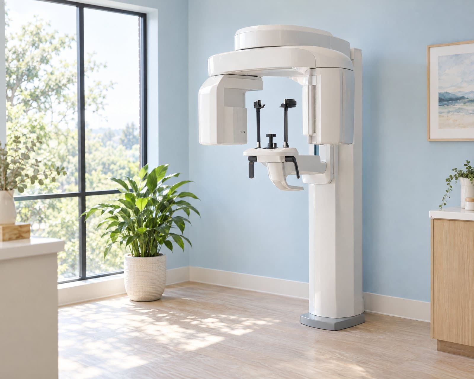 Illustrative photograph of a 3D dental imaging machine in a bright, empty room