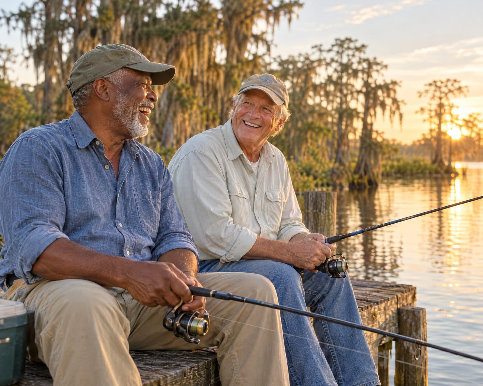 Illustrative photograph of two friends laughing while fishing from a dock