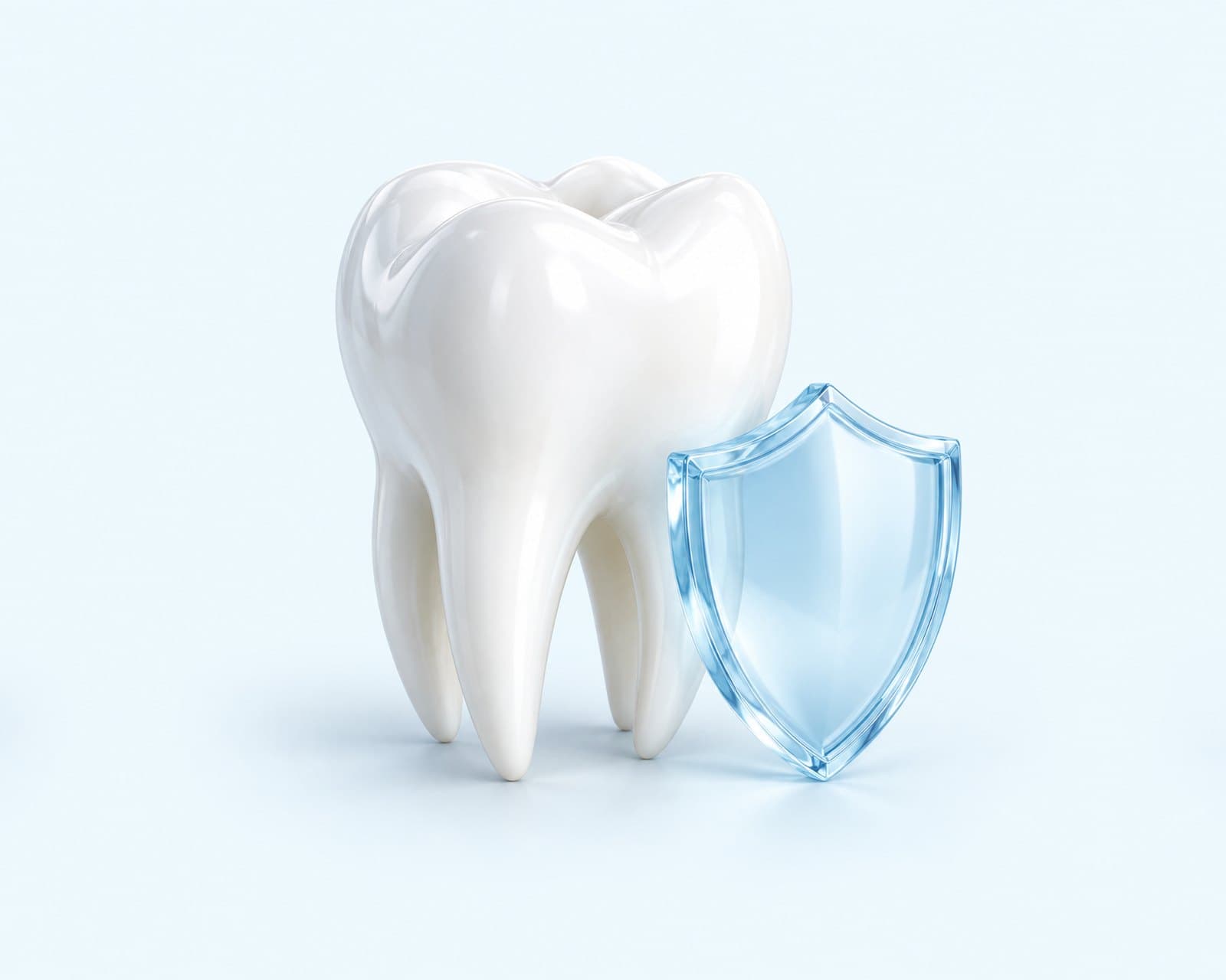 Illustrative rendering of a tooth beside a translucent blue shield