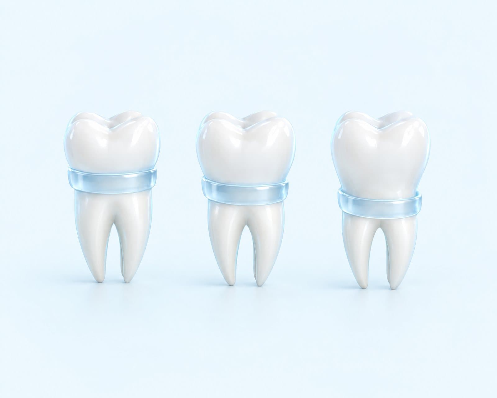 Illustrative rendering of three teeth, each with a translucent blue collar set a little lower than the last