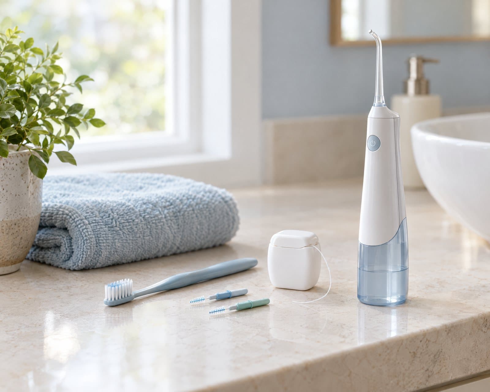 Illustrative still life of a toothbrush, interdental brushes, floss and a water flosser on a bathroom counter