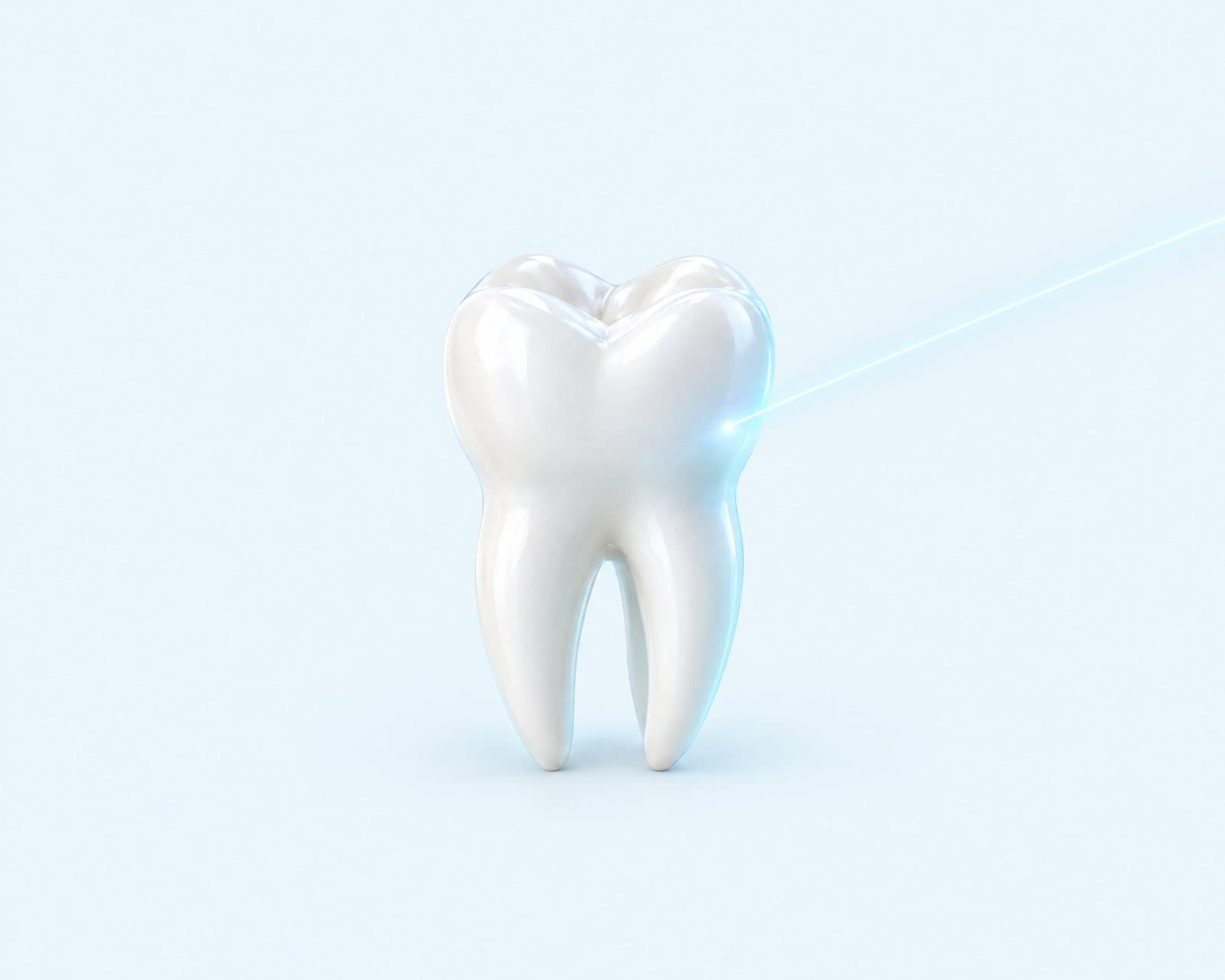 Illustrative rendering of a fine beam of light touching a tooth
