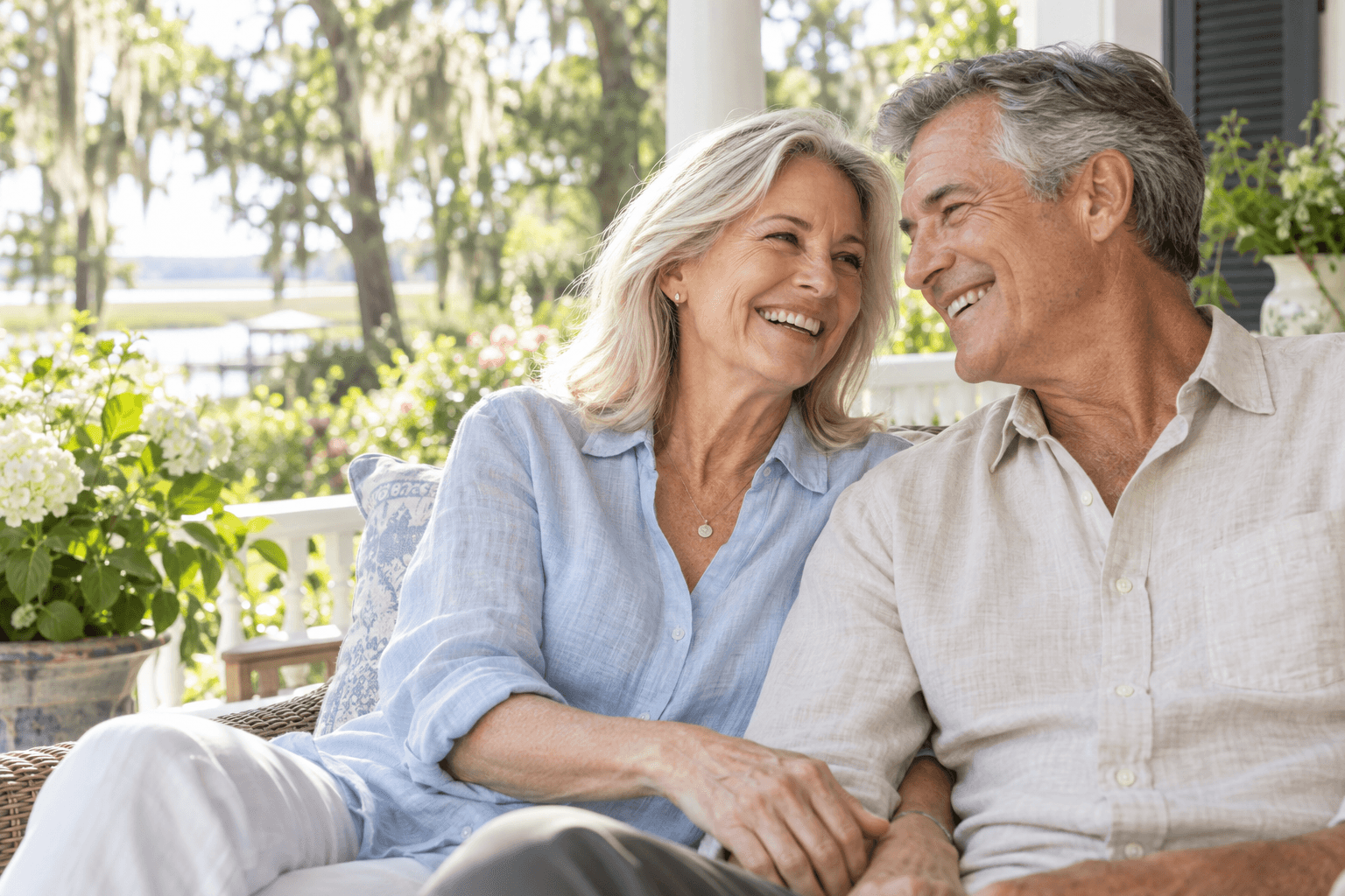 Illustrative portrait of two adults enjoying a relaxed moment outdoors