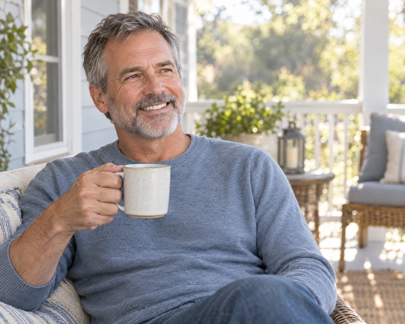 Illustrative portrait of an adult smiling with a cup of coffee on a porch
