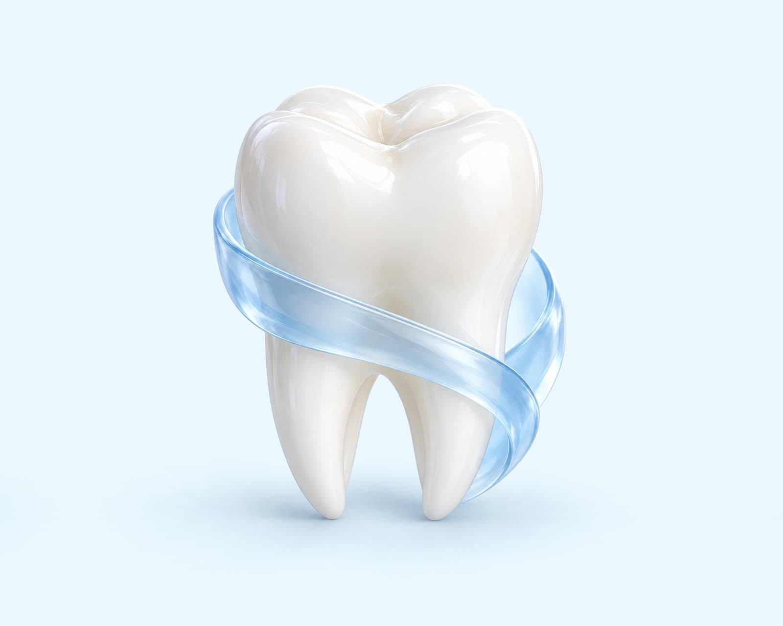 Illustrative rendering of a tooth wrapped in a translucent blue ribbon