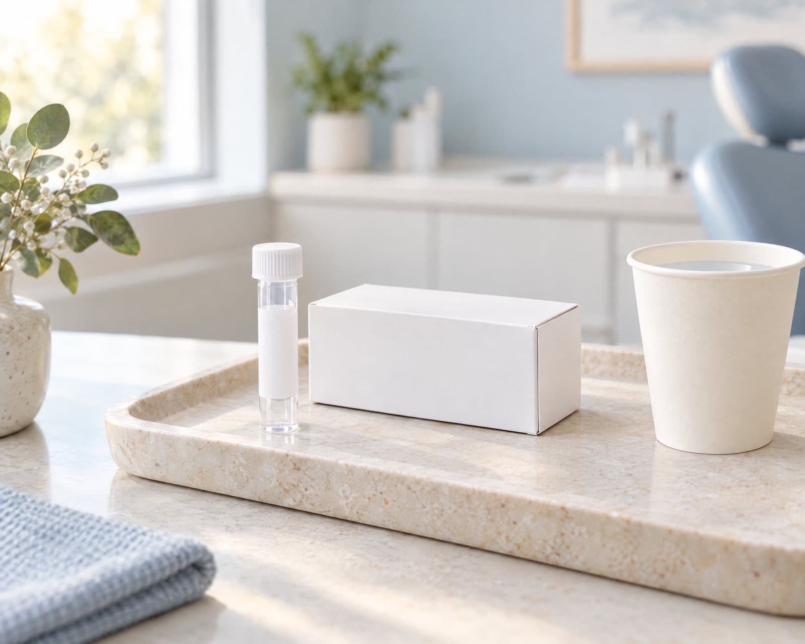 Illustrative still life of a sample tube and a plain kit box on a tray