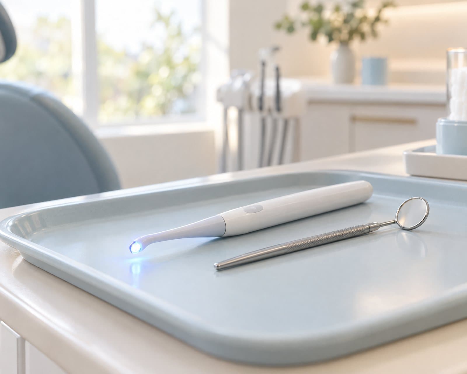 Illustrative still life of a handheld screening light glowing blue beside a dental mirror