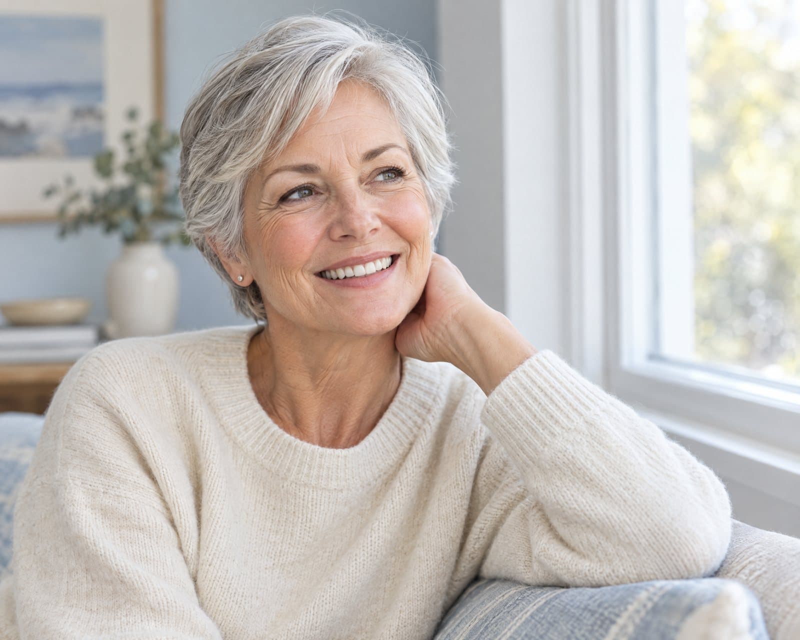 Illustrative portrait of an older adult smiling by a window, a hand resting at the cheek