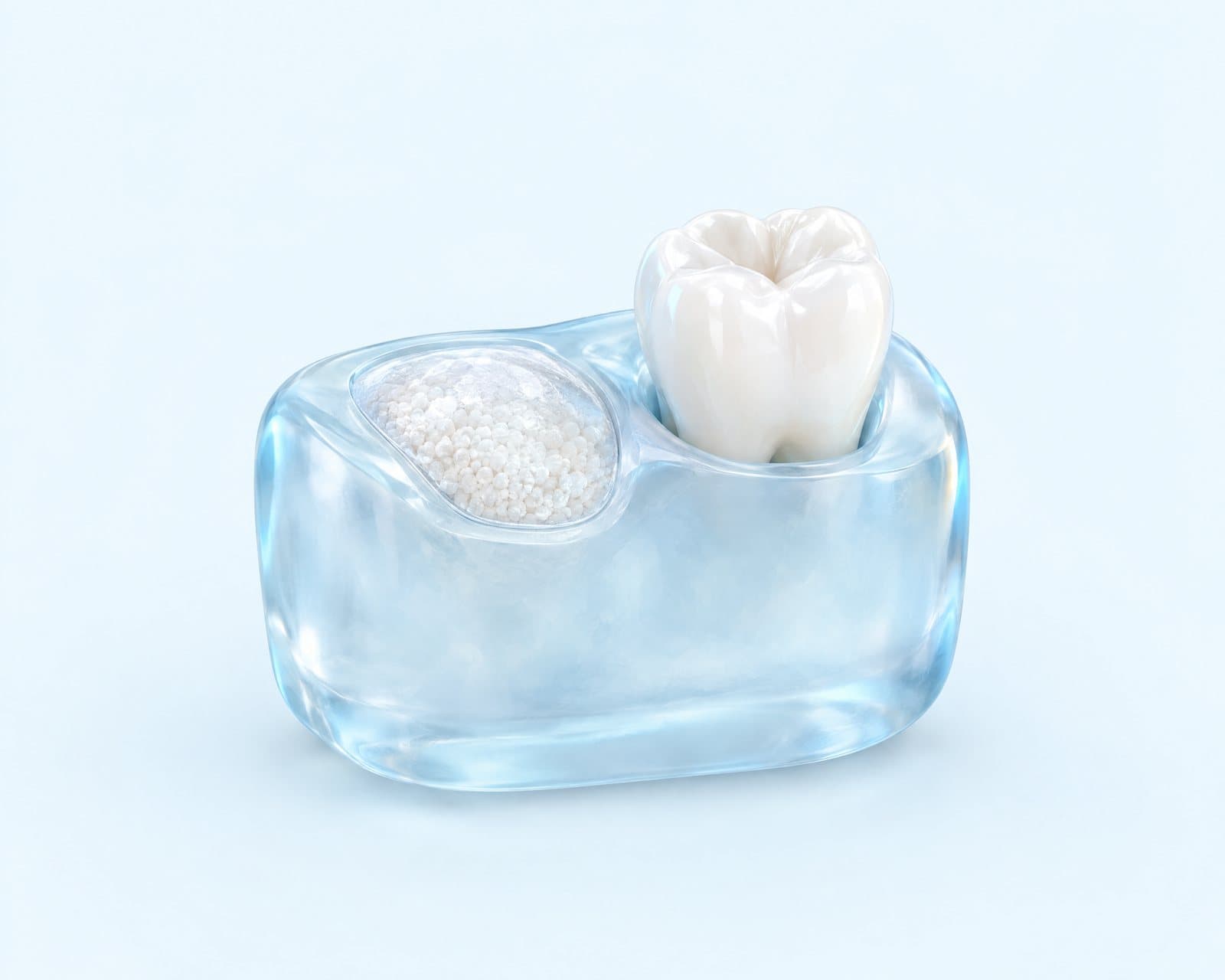 Illustrative rendering of a tooth socket filled with fine white granules under a clear membrane