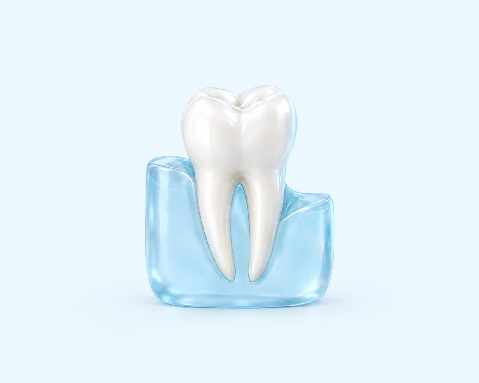 Illustrative rendering of a tooth standing in a translucent blue block that dips lower on one side