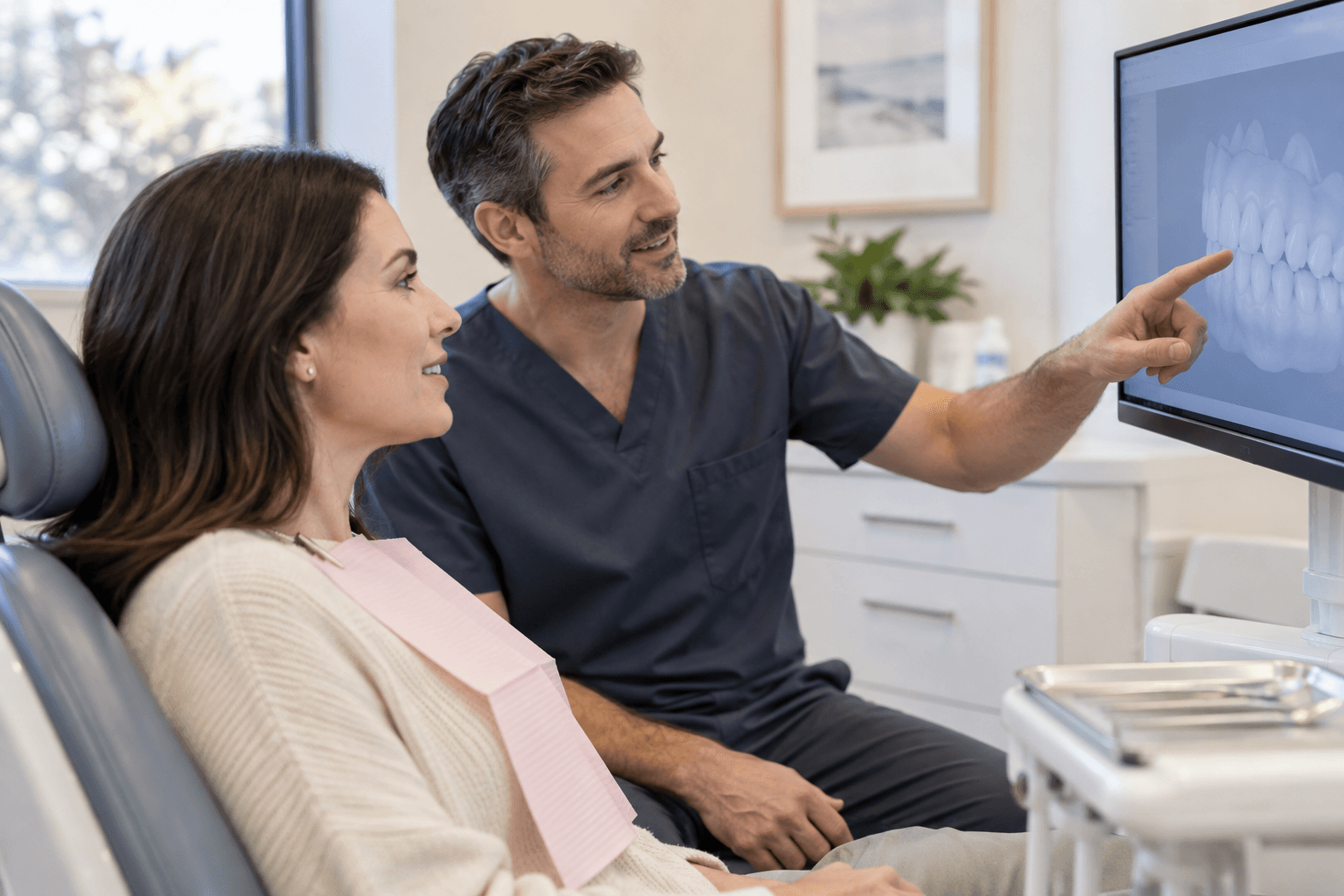 Illustrative consultation showing a clinician and patient reviewing dental imaging