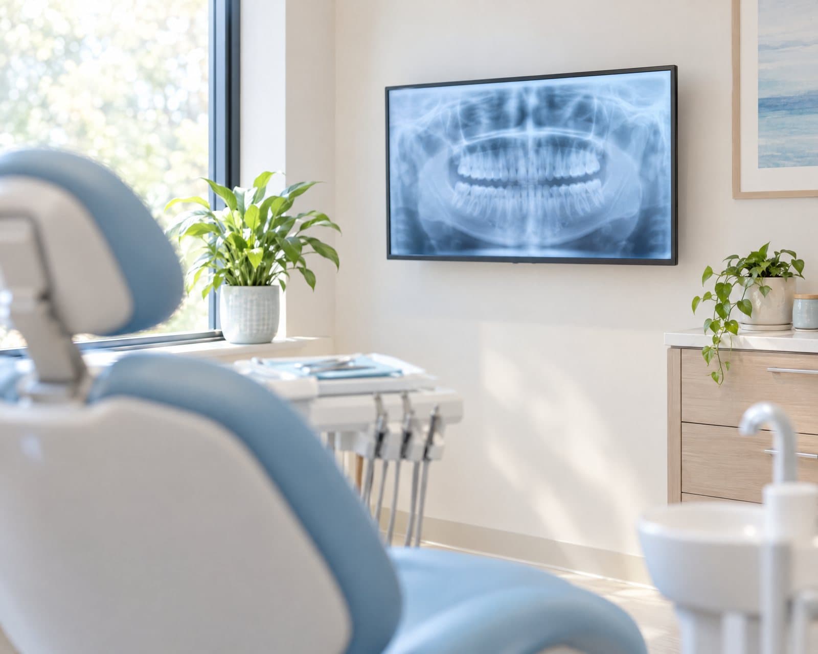 Illustrative photograph of a dental exam room with a panoramic X-ray on a monitor